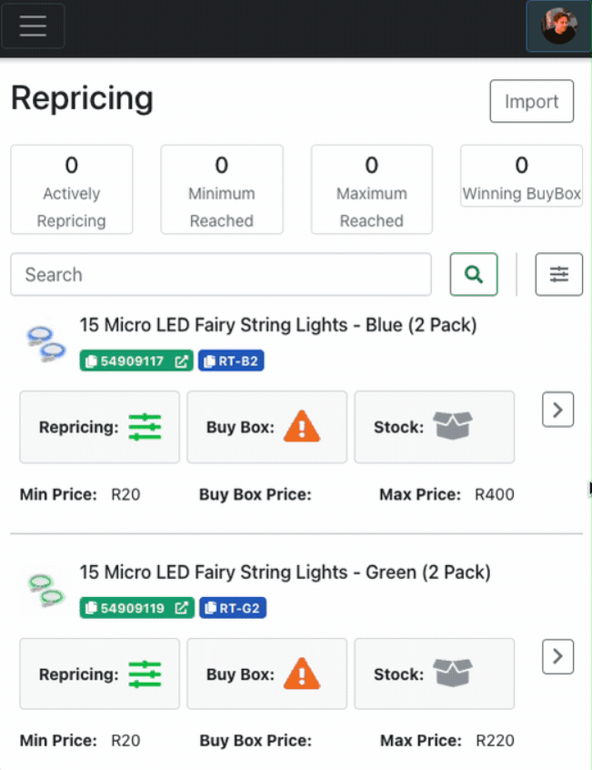 Setting Min and Max Prices on mobile device
